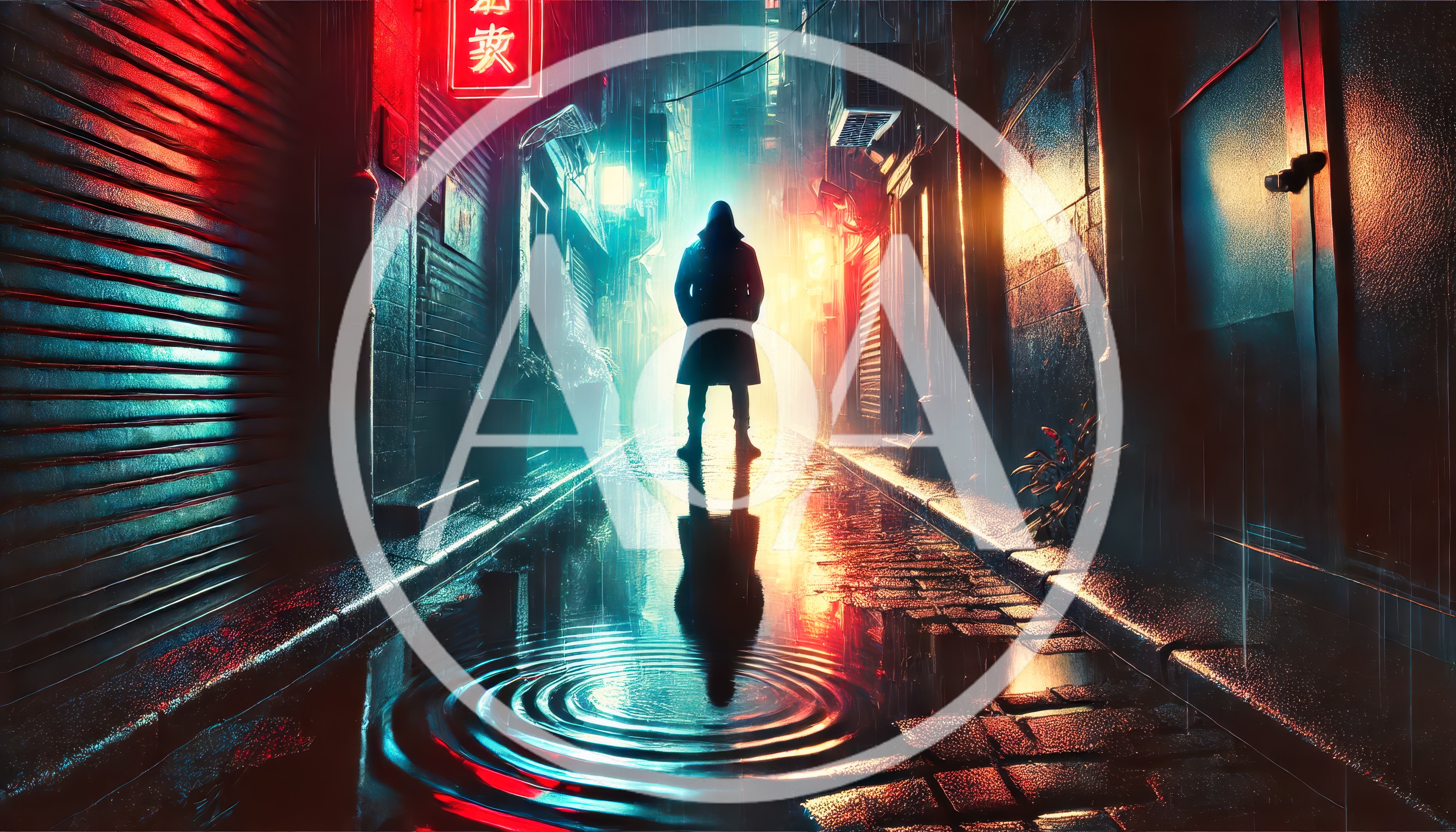 Lone Figure Standing in Rainy Cyberpunk Alleyway