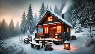 Cozy Wooden Cabin In Snowy Winter Forest
