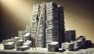 Person Climbing Ladder Against Massive Stack Of Paperwork