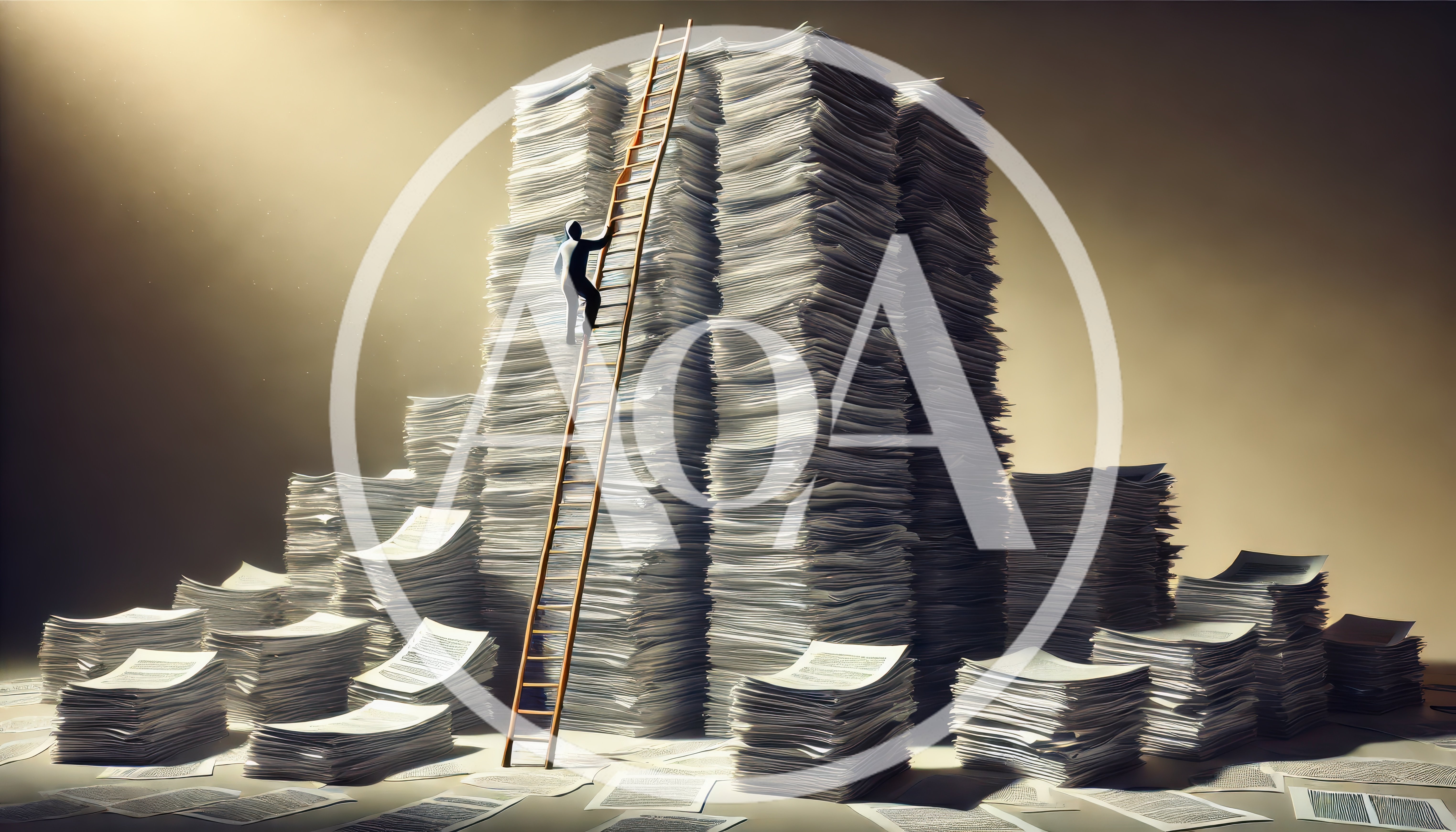 Person Climbing Ladder Against Massive Stack Of Paperwork