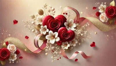 Romantic Floral Arrangement With Red Roses And Ribbons
