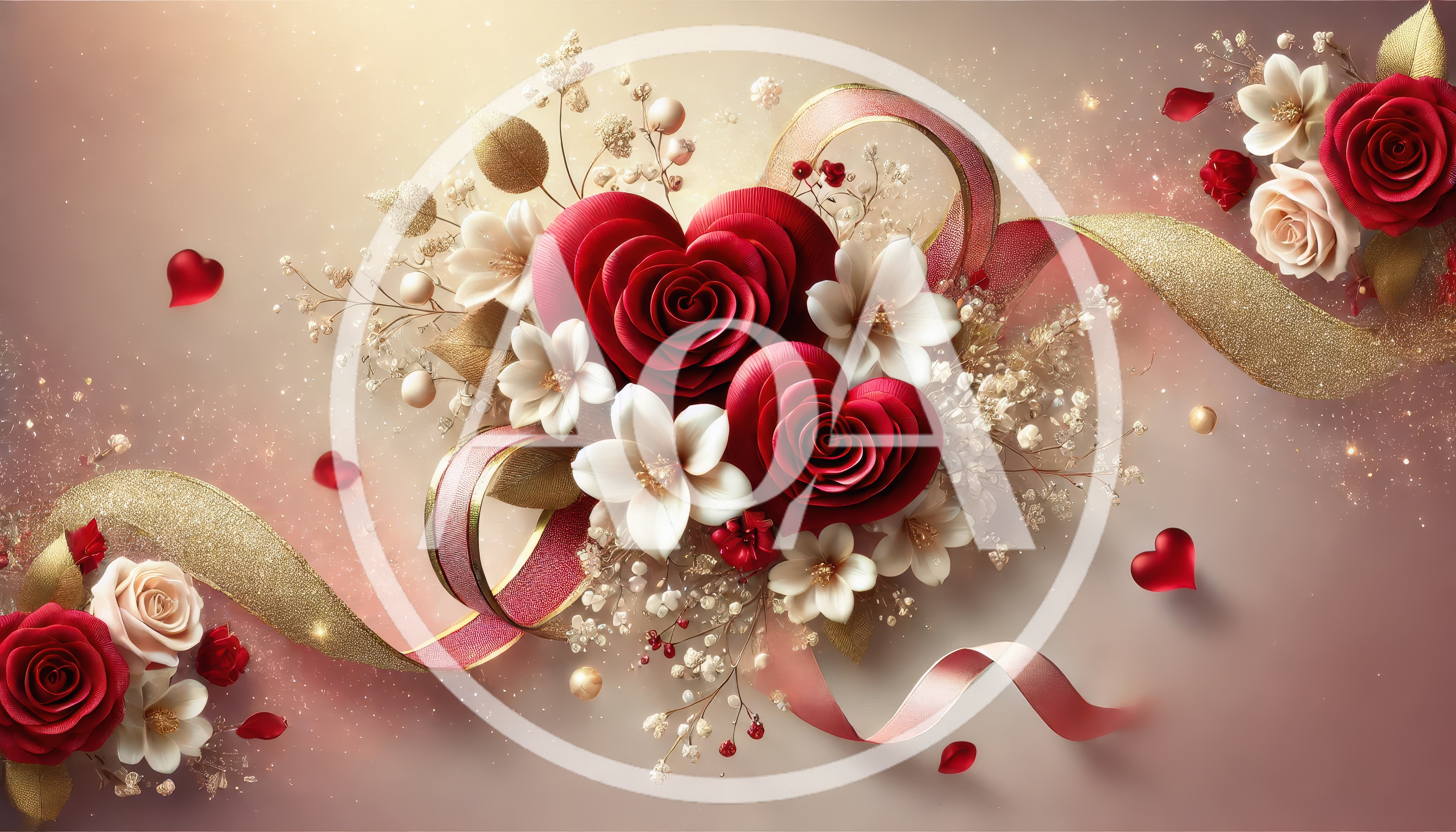 Romantic Floral Arrangement With Red Roses And Ribbons