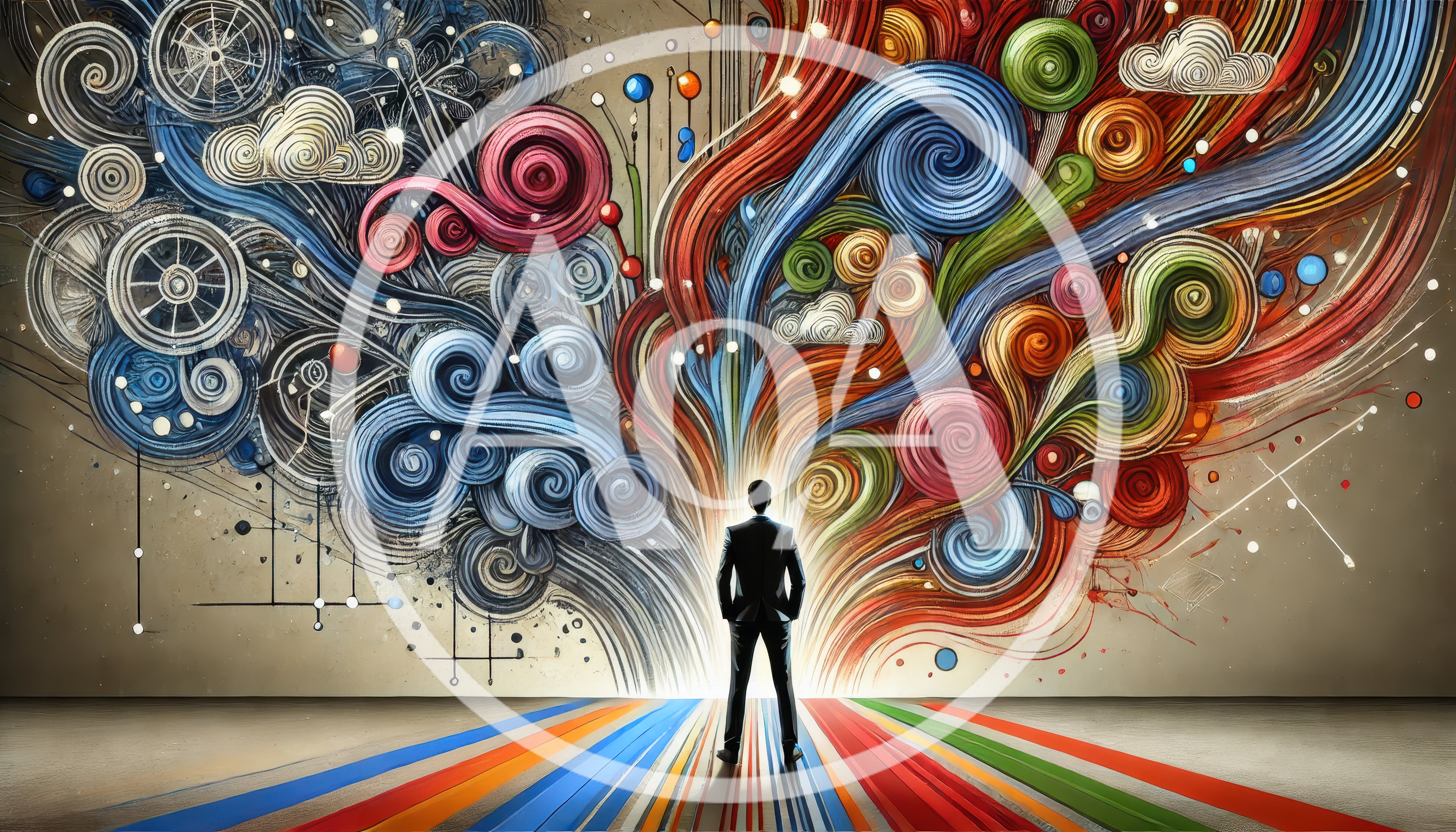 Businessman Standing Before Abstract Colorful Creative Flow