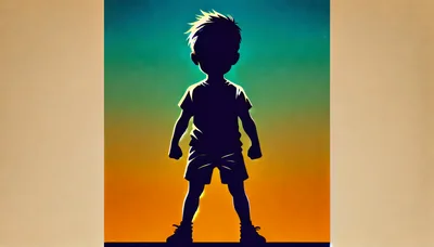 Silhouette Of A Young Boy Standing Against Sunset Background