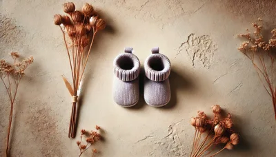 Pair Of Knitted Baby Booties With Dried Flowers