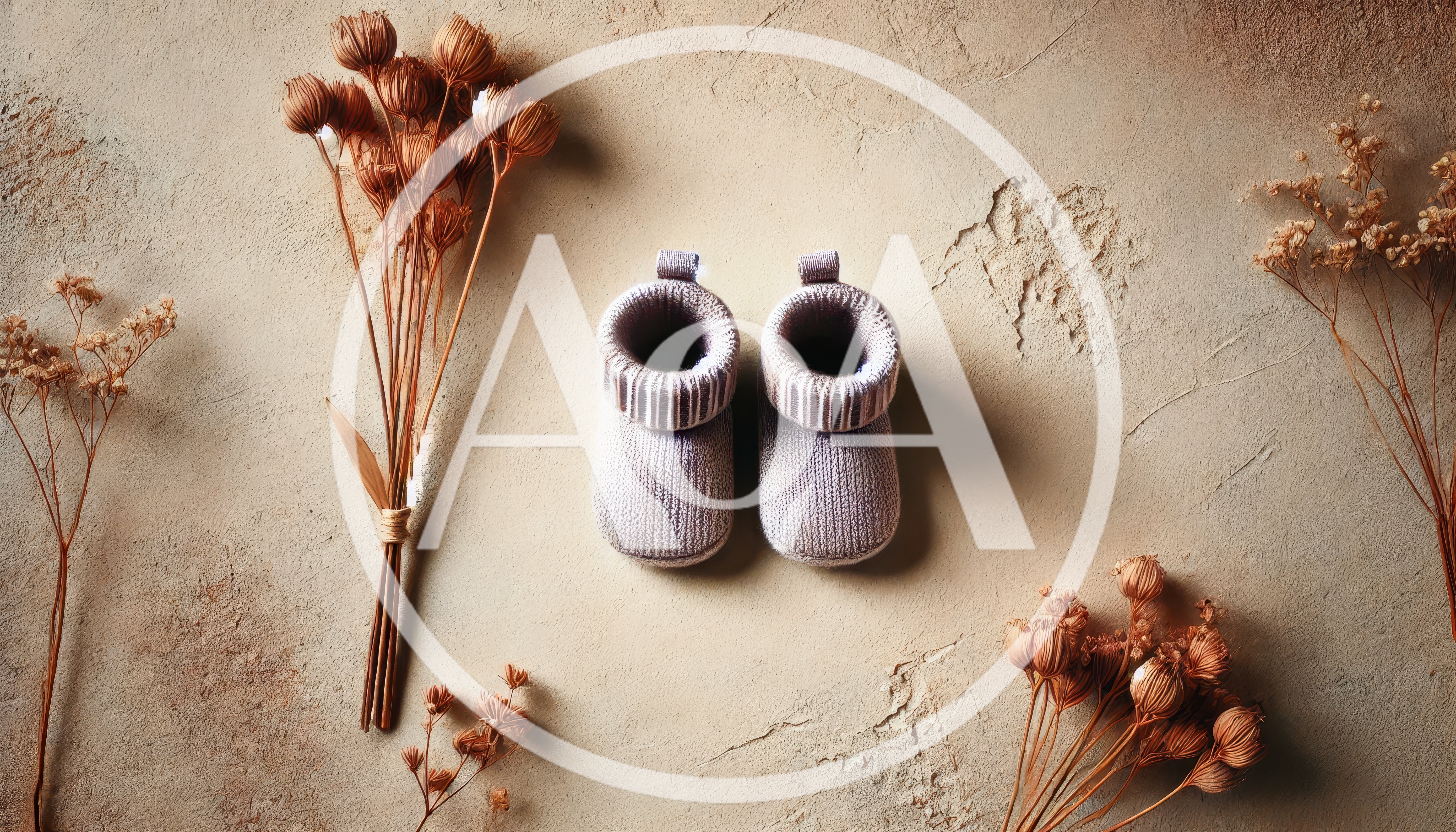 Pair Of Knitted Baby Booties With Dried Flowers