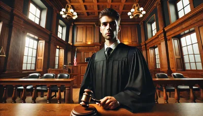 Serious Judge Holding Gavel In Traditional Courtroom