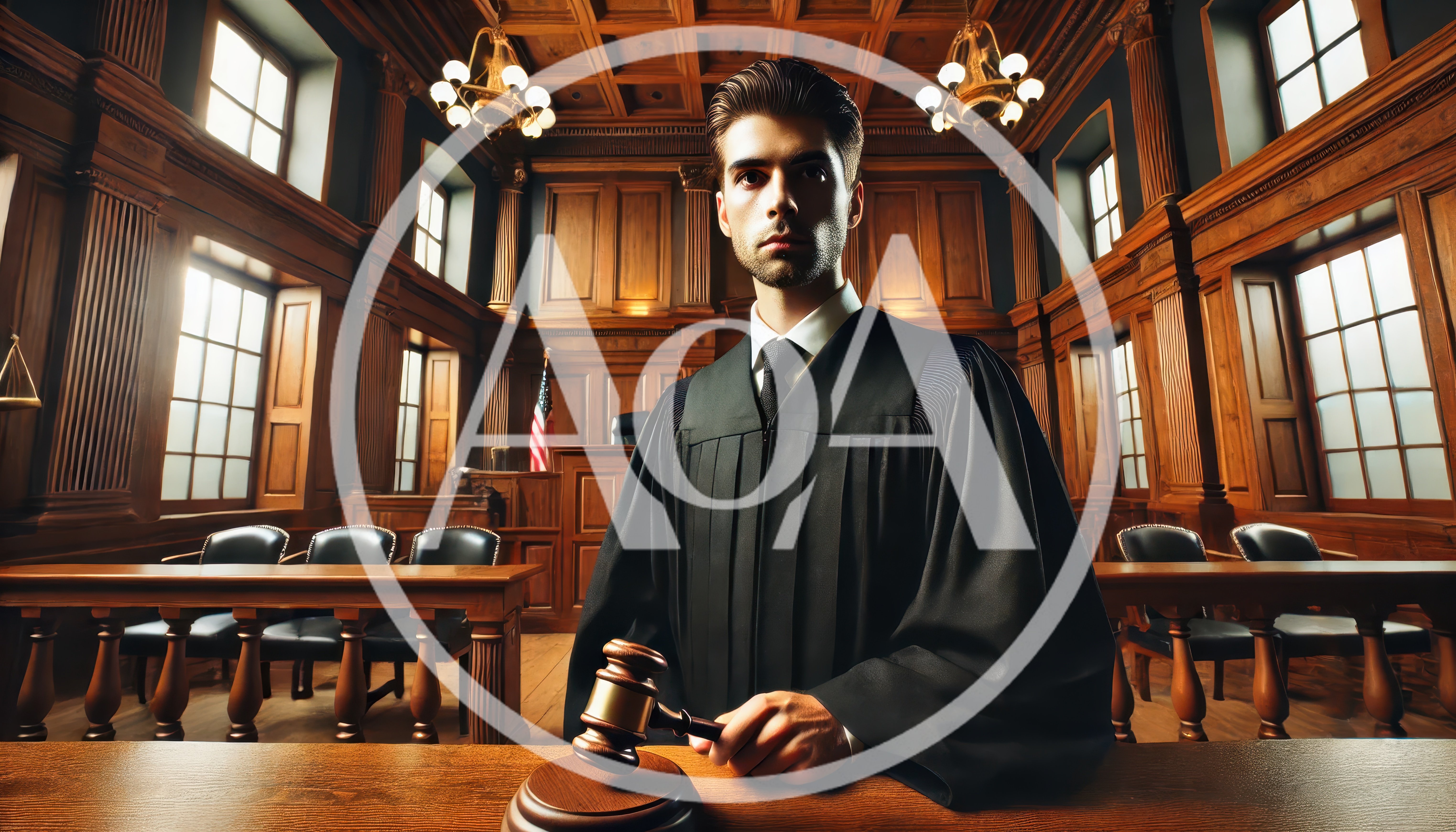 Serious Judge Holding Gavel In Traditional Courtroom