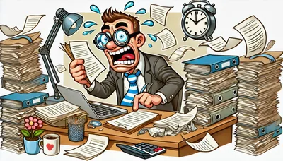 Stressed Businessman Overwhelmed With Paperwork At Office Desk