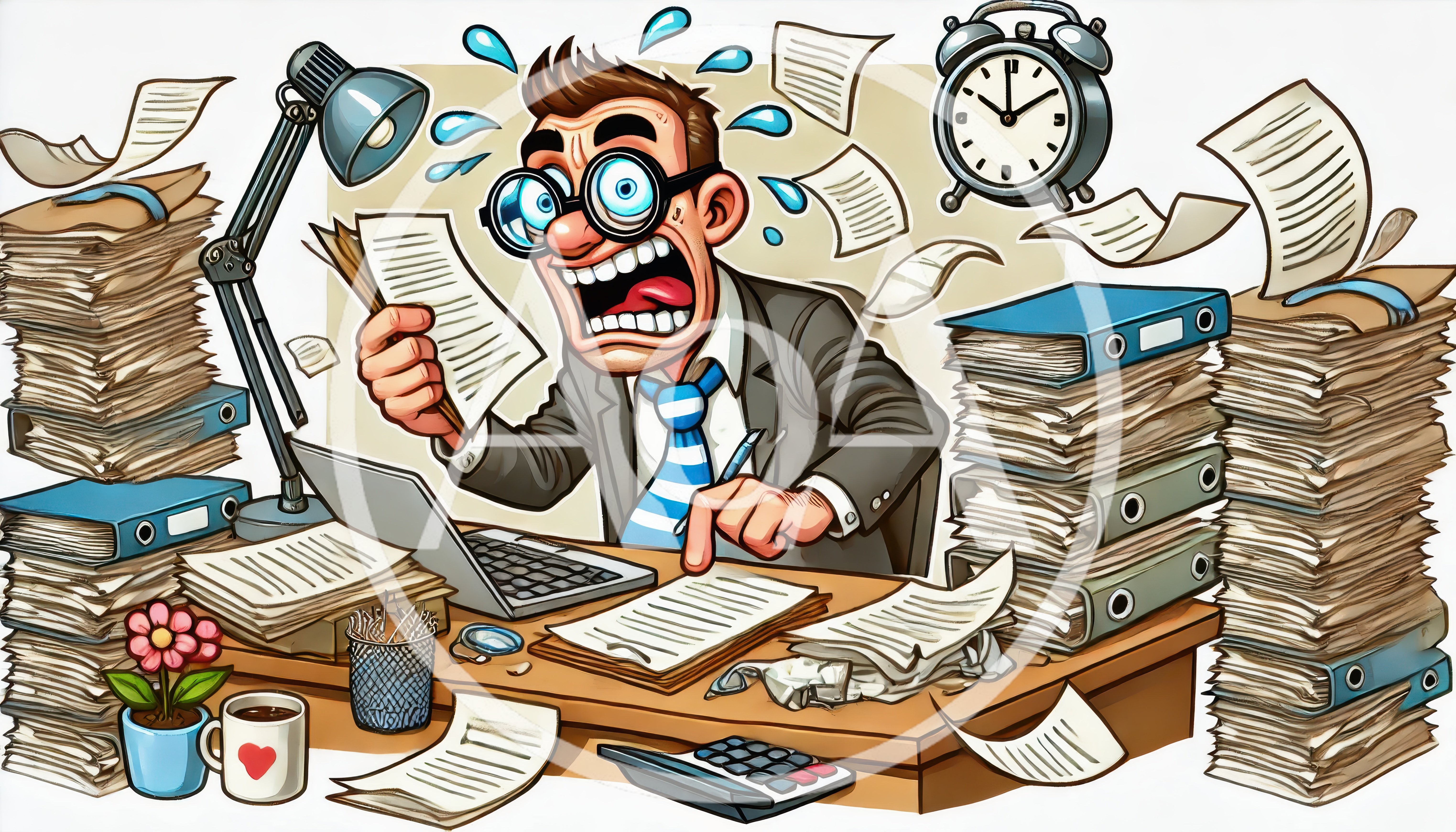 Stressed Businessman Overwhelmed With Paperwork At Office Desk