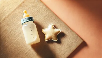 Baby Bottle and Star Shaped Toy on Fabric