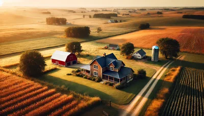 Aerial View Of A Rural Farmstead At Sunset