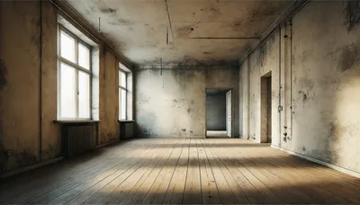 Empty Dilapidated Room With Wooden Floors And Windows