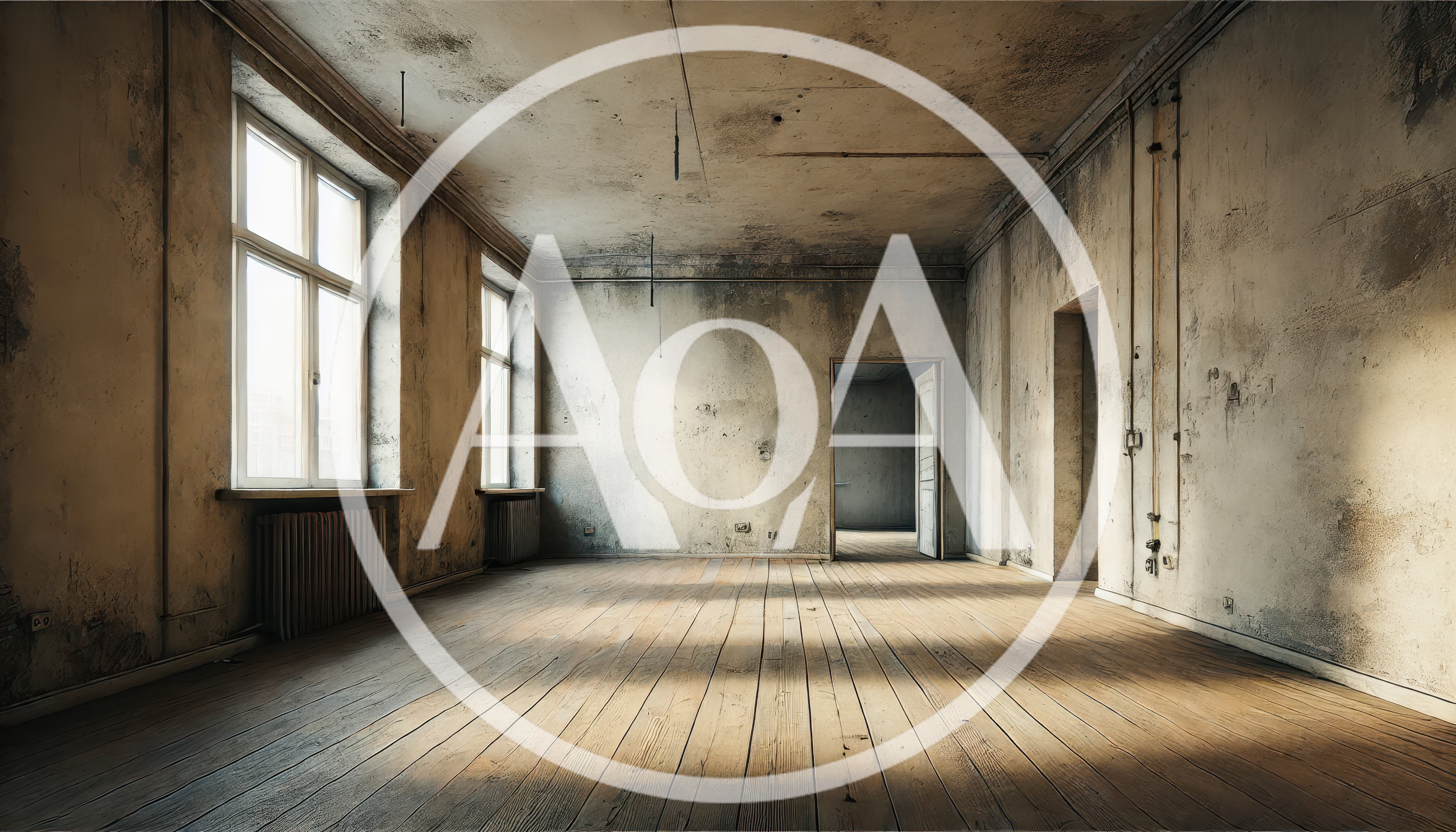 Empty Dilapidated Room With Wooden Floors And Windows