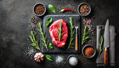 Raw Beef Steak With Rosemary And Spices