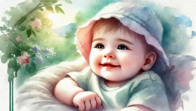 Watercolor Illustration Of A Smiling Baby In A Hat