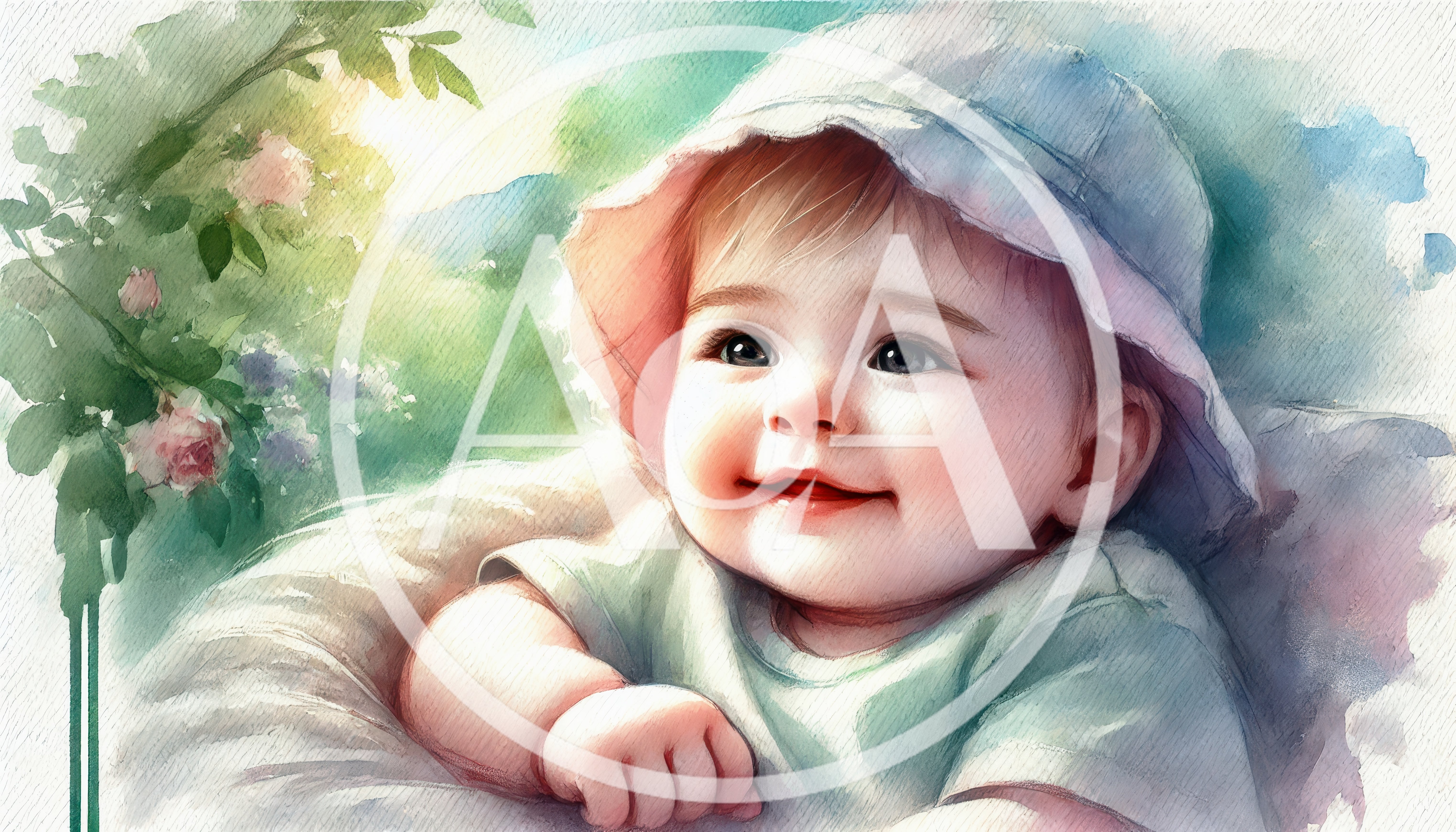 Watercolor Illustration Of A Smiling Baby In A Hat