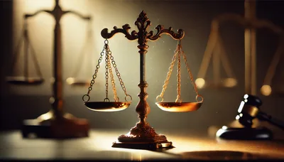 Golden Scales of Justice on a Courtroom Desk