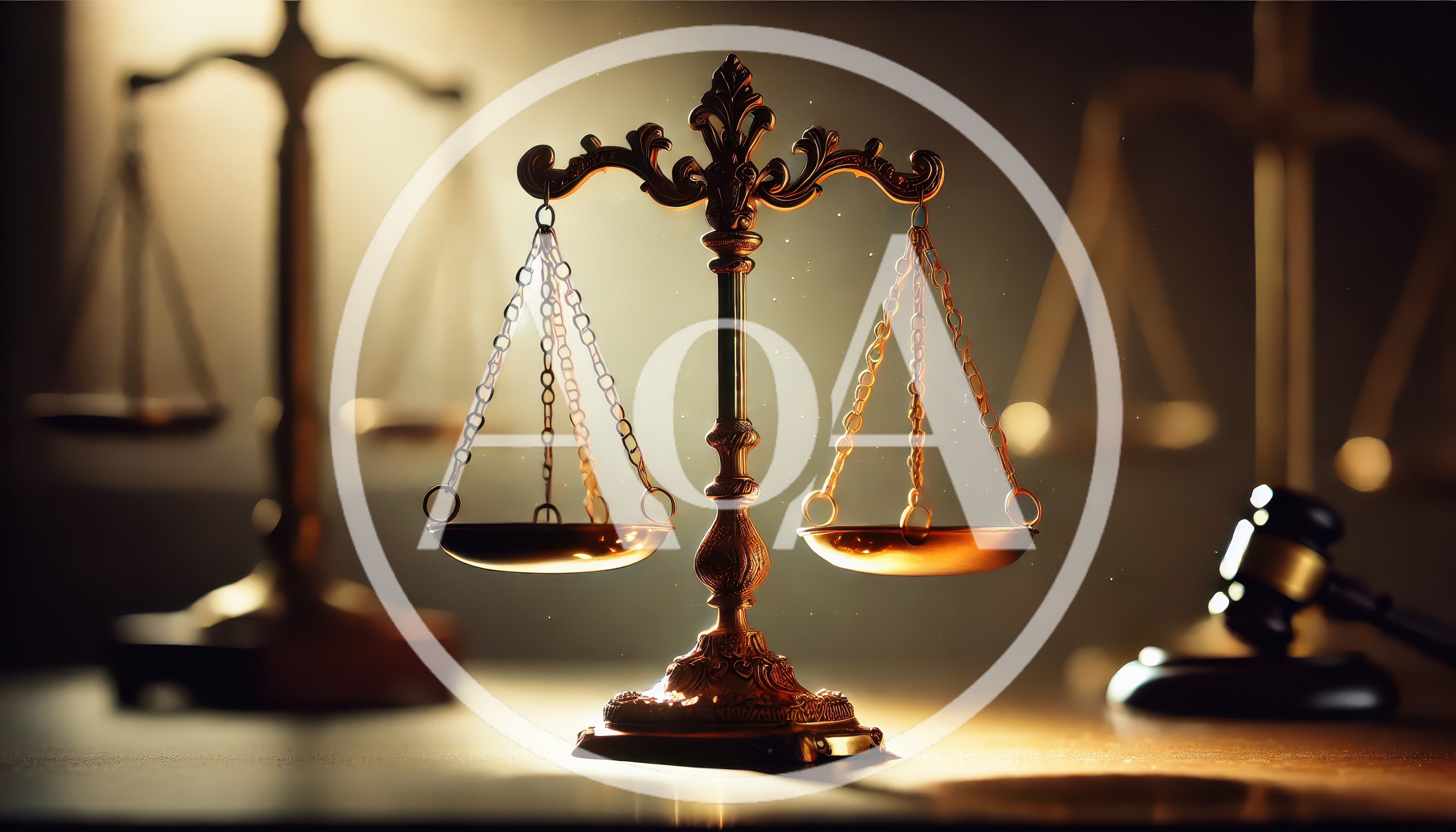 Golden Scales of Justice on a Courtroom Desk