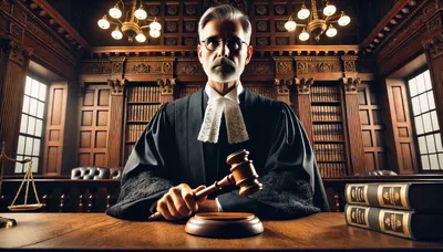 Serious Judge Holding Gavel In Traditional Courtroom