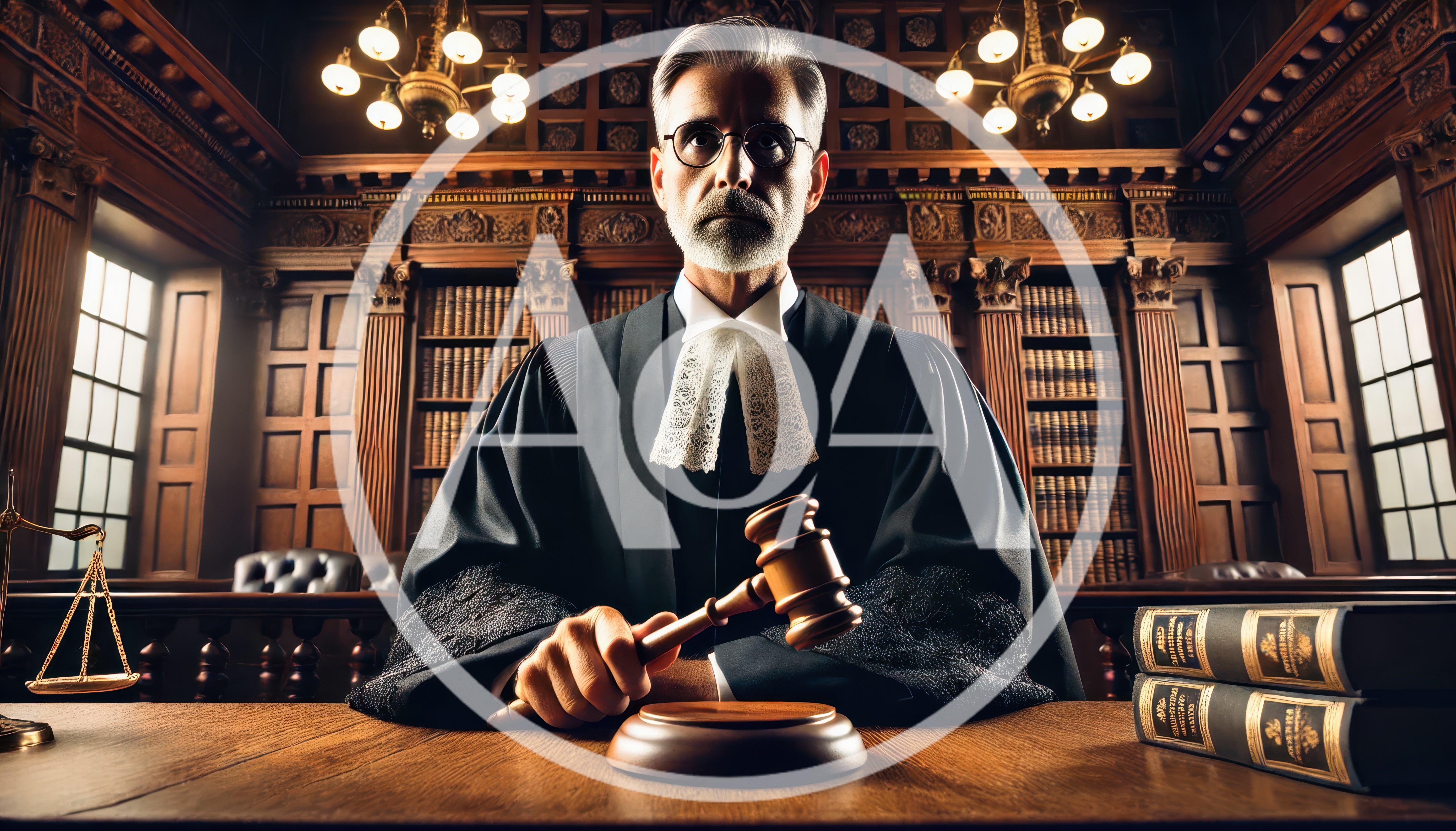 Serious Judge Holding Gavel In Traditional Courtroom