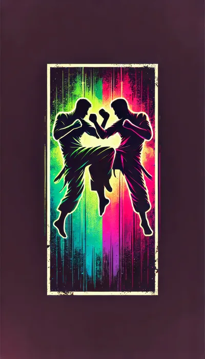 Two Martial Artists Sparring In Neon Silhouette