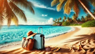 Travel Luggage and Beach Accessories on Tropical Shore