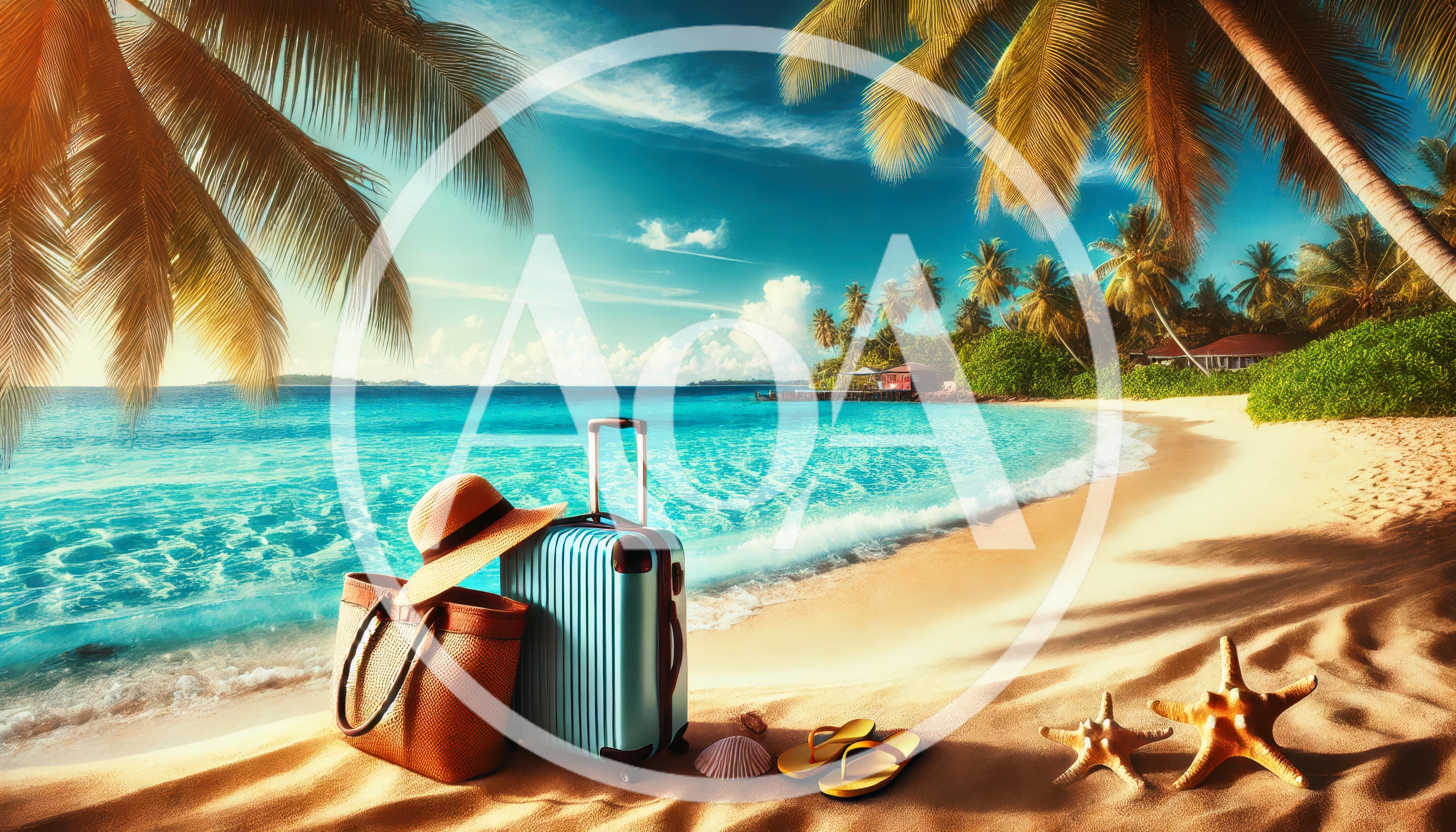 Travel Luggage and Beach Accessories on Tropical Shore