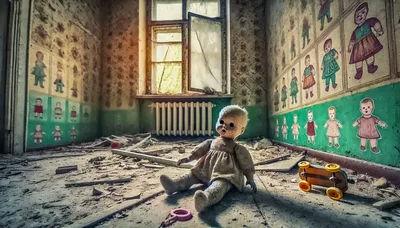 Abandoned Doll Sitting on Floor in Dilapidated Room