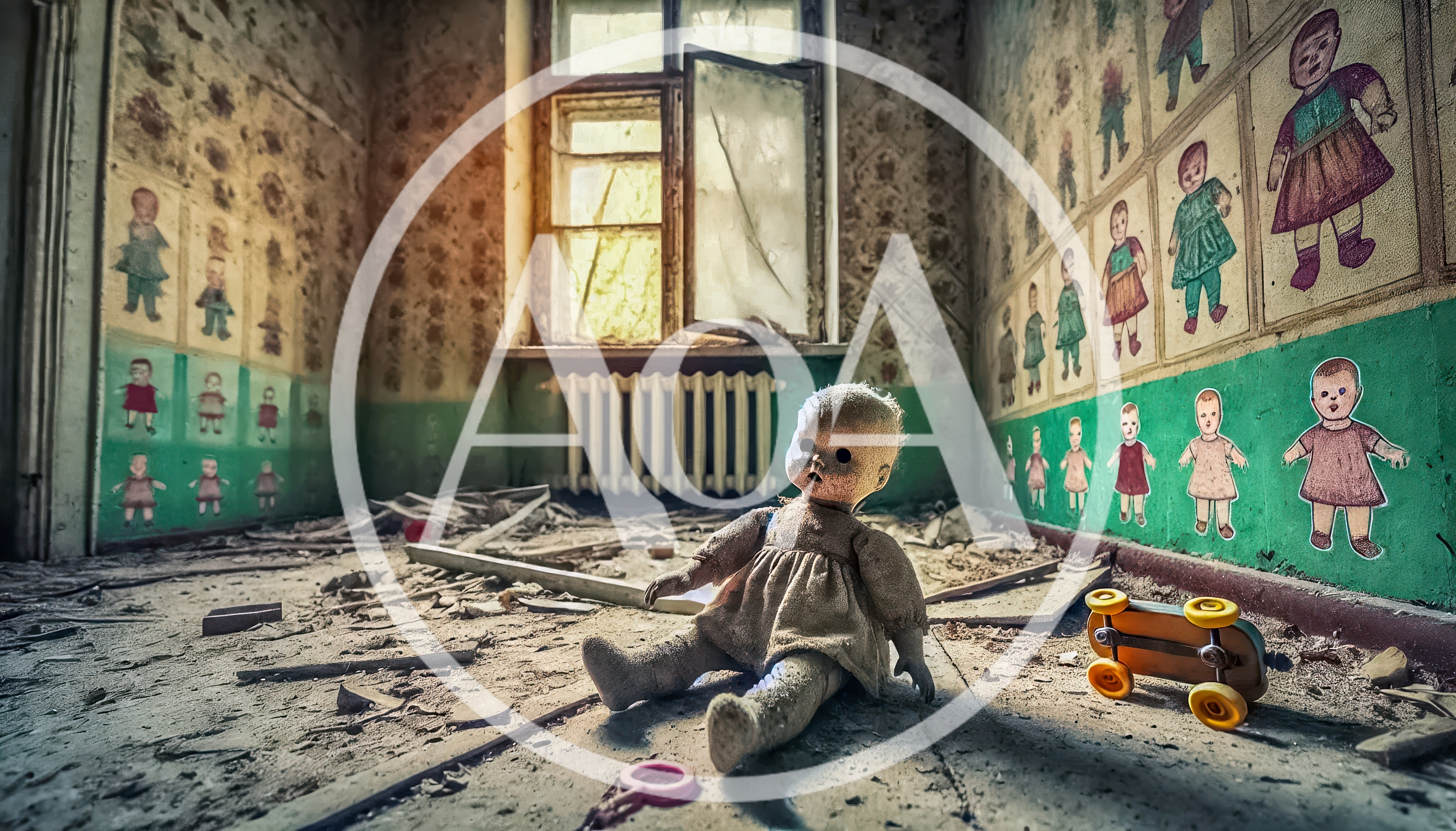 Abandoned Doll Sitting on Floor in Dilapidated Room