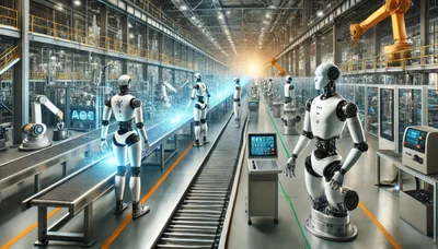 Humanoid Robots Working In A Futuristic Automated Factory