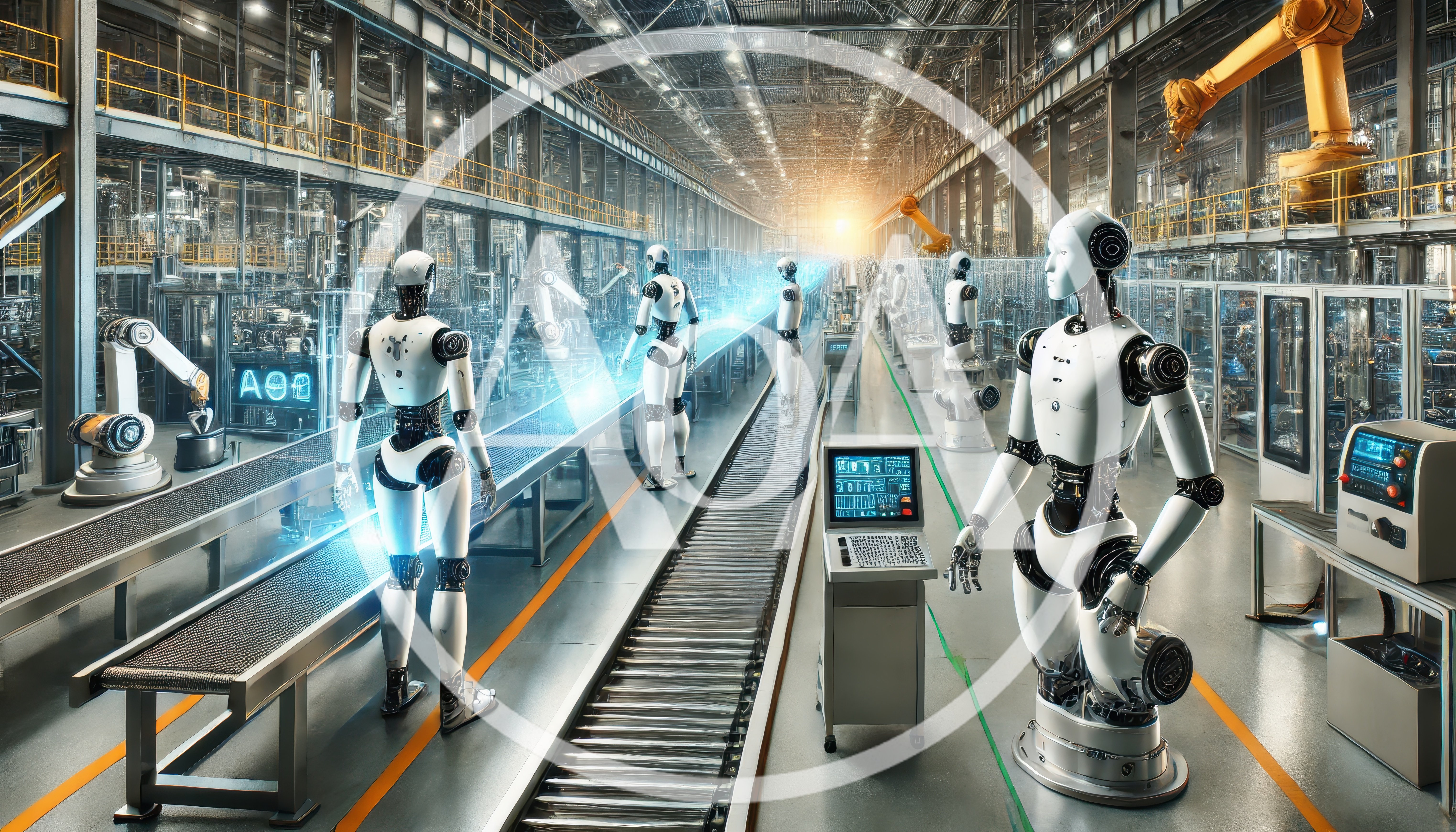 Humanoid Robots Working In A Futuristic Automated Factory