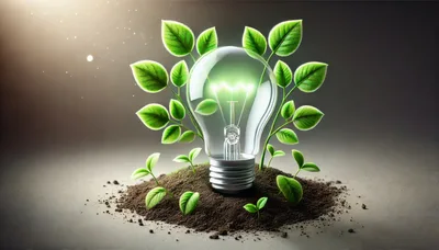 Glowing Light Bulb Growing From Soil With Green Leaves