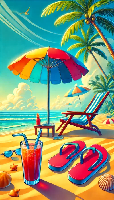 Tropical Beach Scene With Umbrella And Refreshing Drink