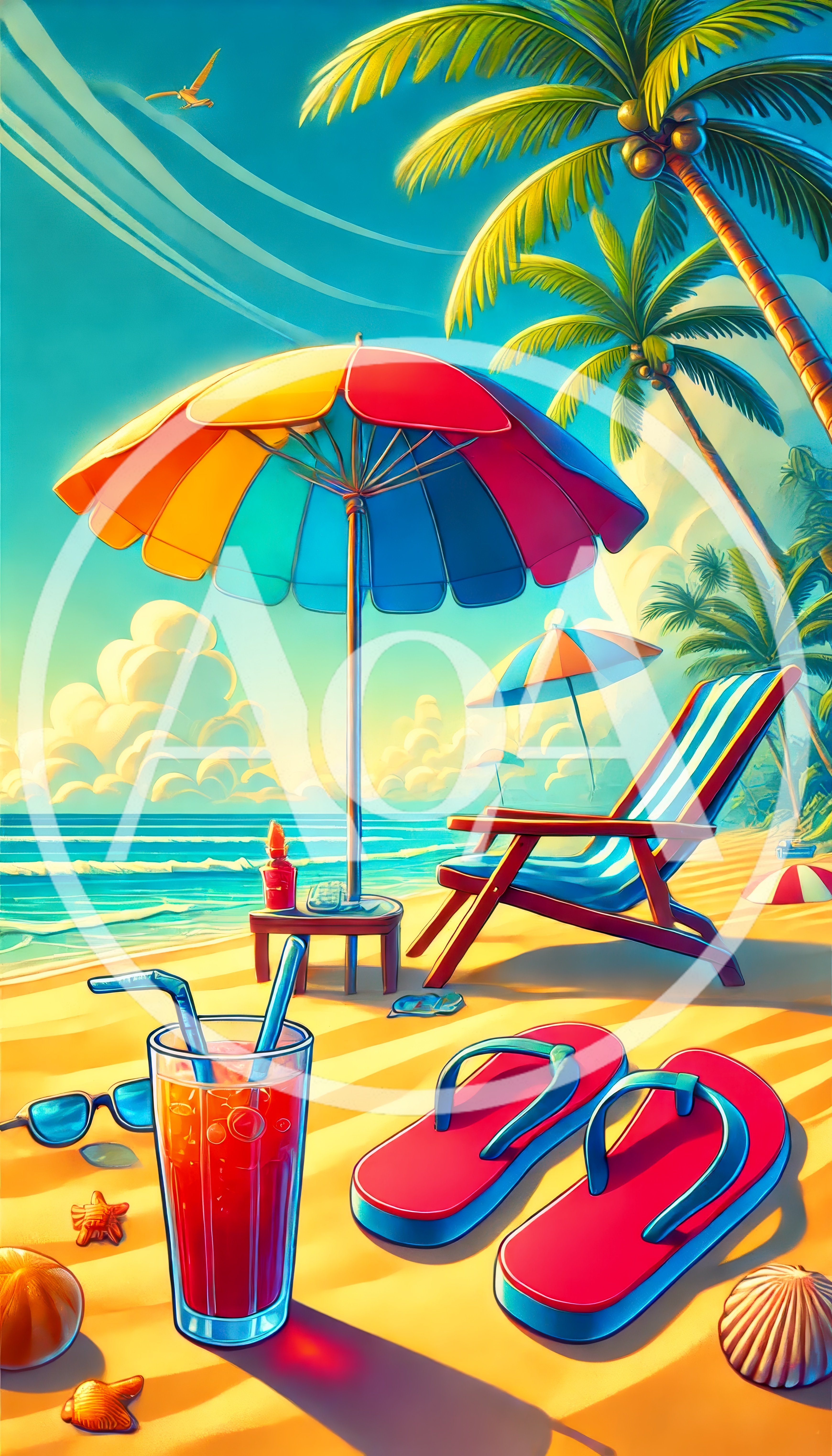 Tropical Beach Scene With Umbrella And Refreshing Drink