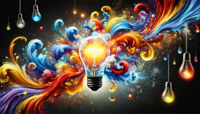 Glowing Light Bulb With Abstract Colorful Paint Swirls