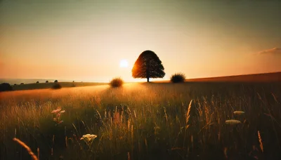 Lone Tree In A Golden Meadow At Sunset
