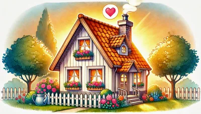 Cozy Cottage House With Garden And Heart Symbol