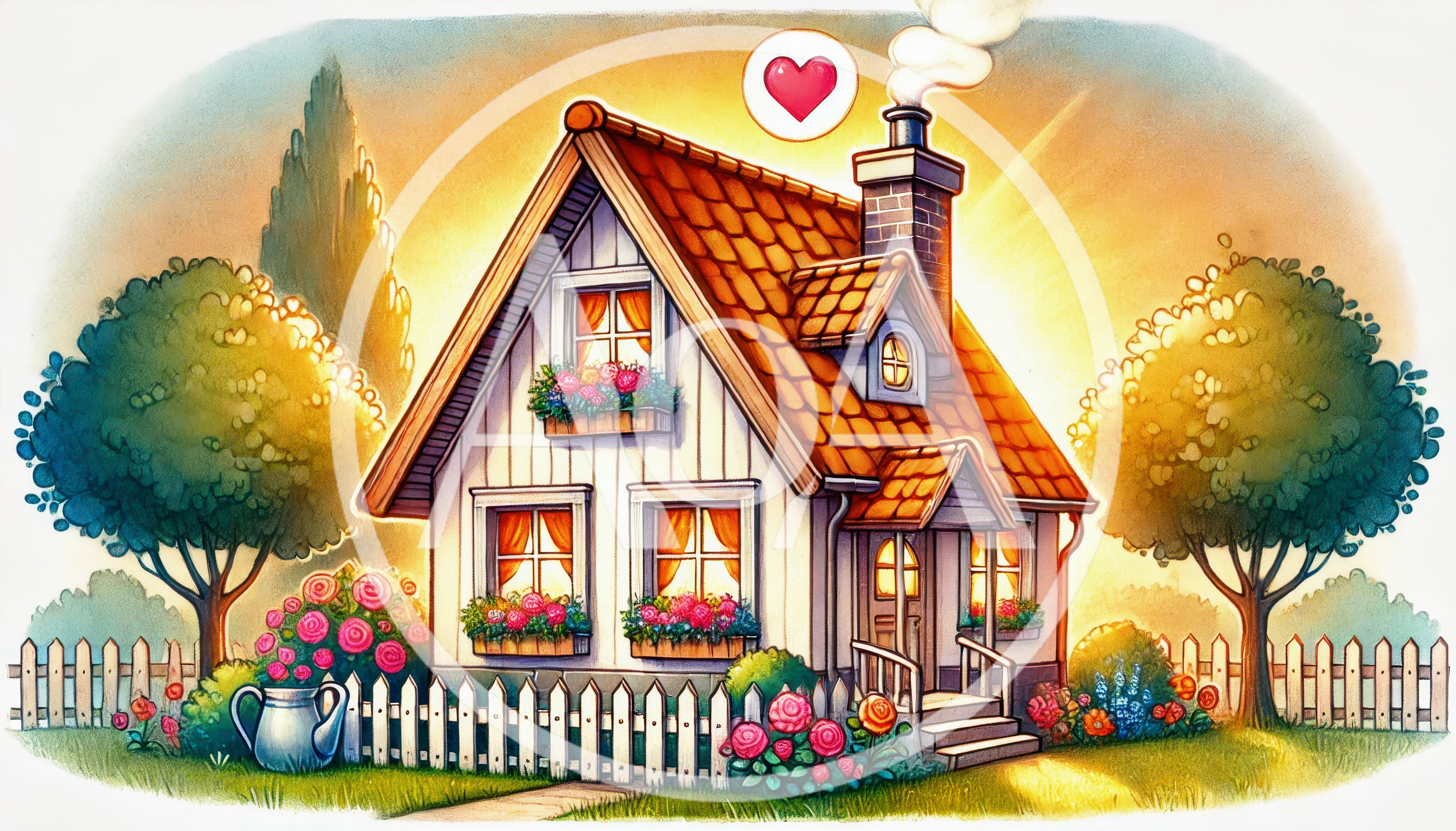 Cozy Cottage House With Garden And Heart Symbol