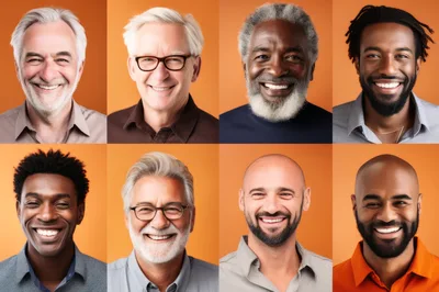 Diverse Men Smiling Portraits Against Orange Background
