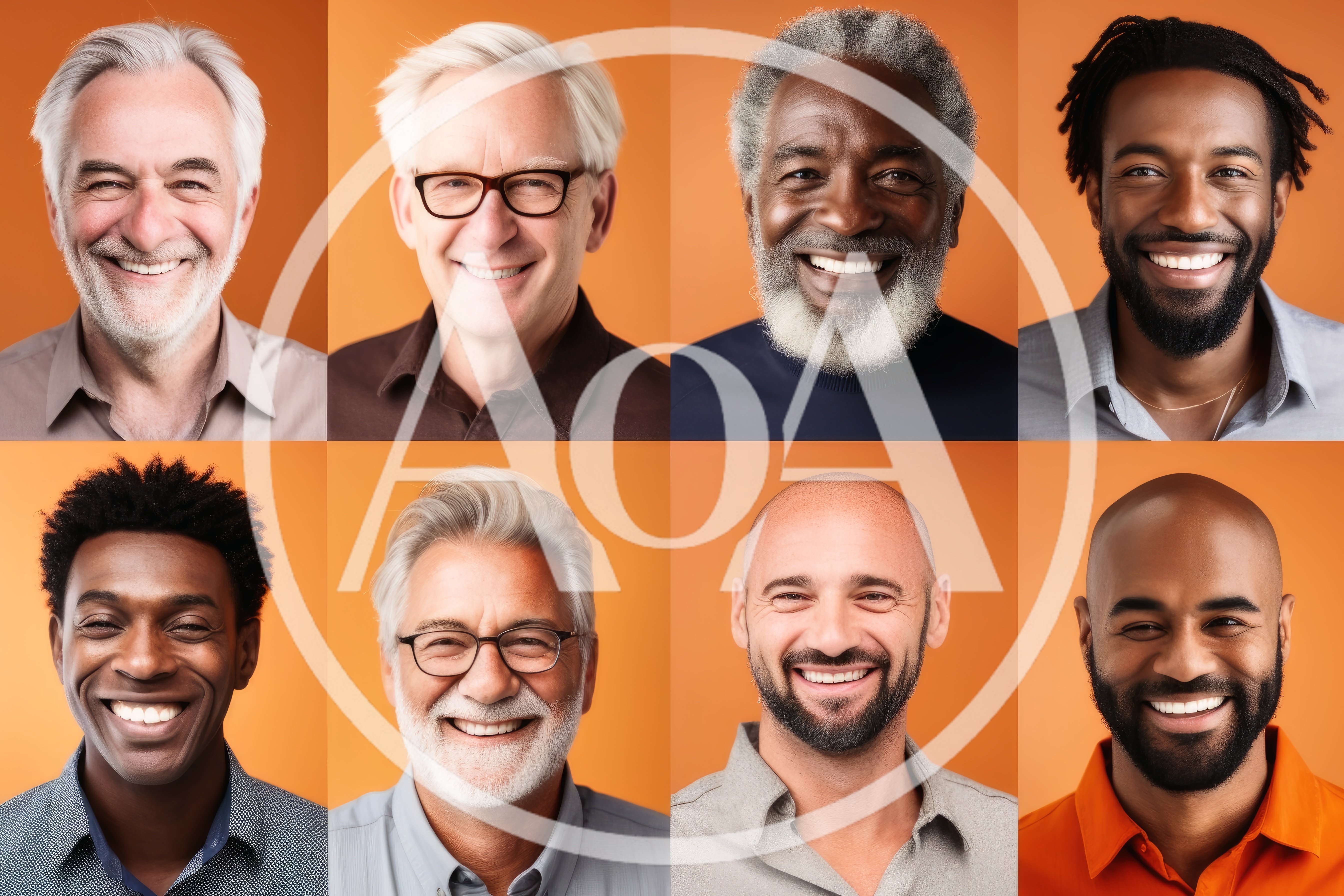 Diverse Men Smiling Portraits Against Orange Background