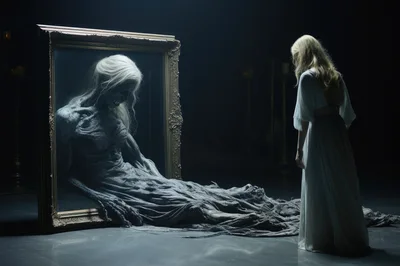 Woman Facing A Terrifying Supernatural Mirror Reflection