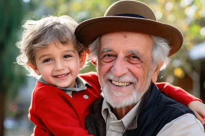 Grandfather Holding His Young Grandson Outdoors