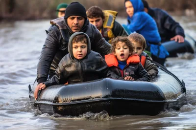 Refugee Family Crossing River In Inflatable Boat