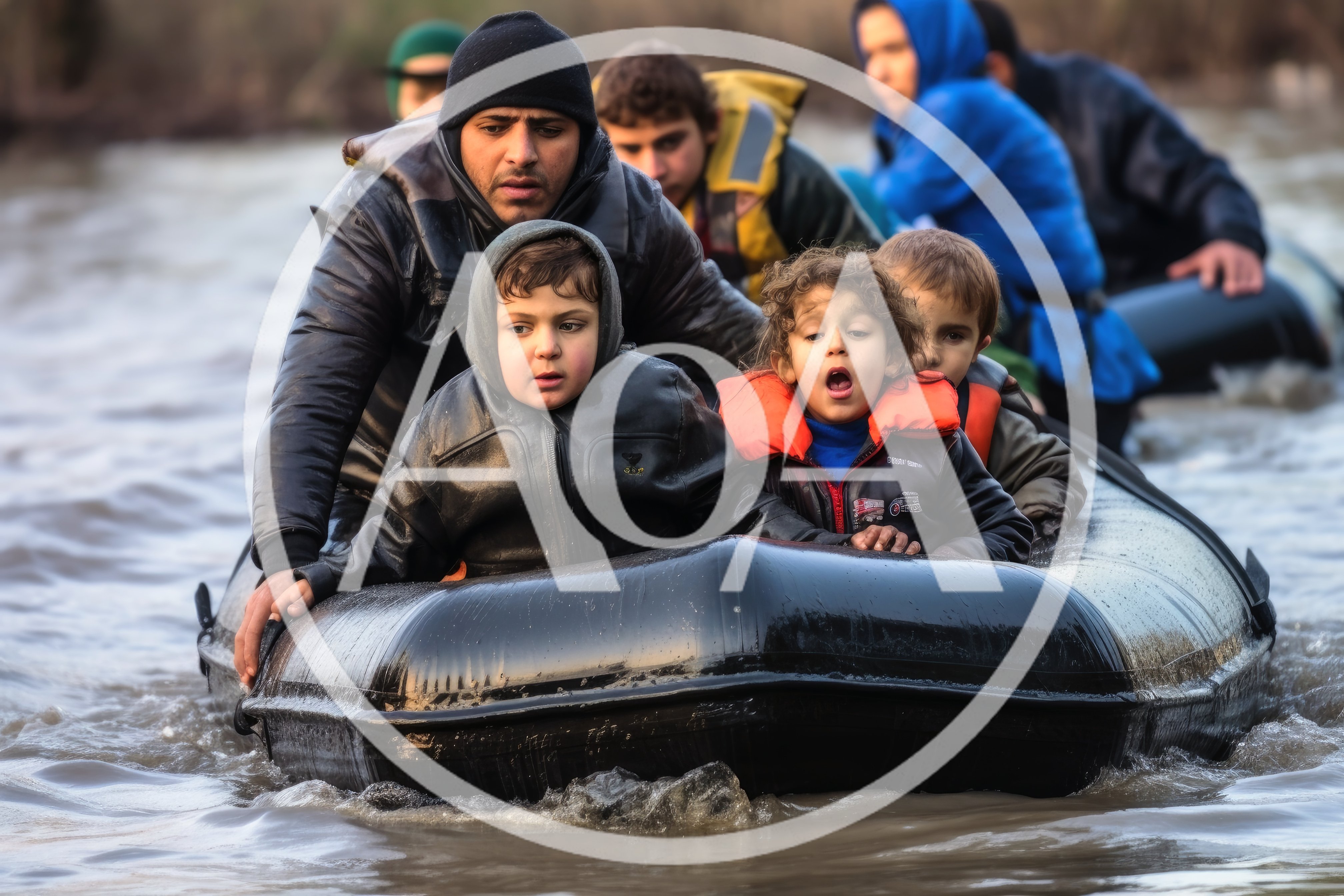 Refugee Family Crossing River In Inflatable Boat