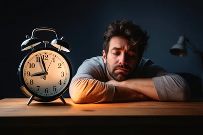 Exhausted Man Sleeping At Desk With Alarm Clock