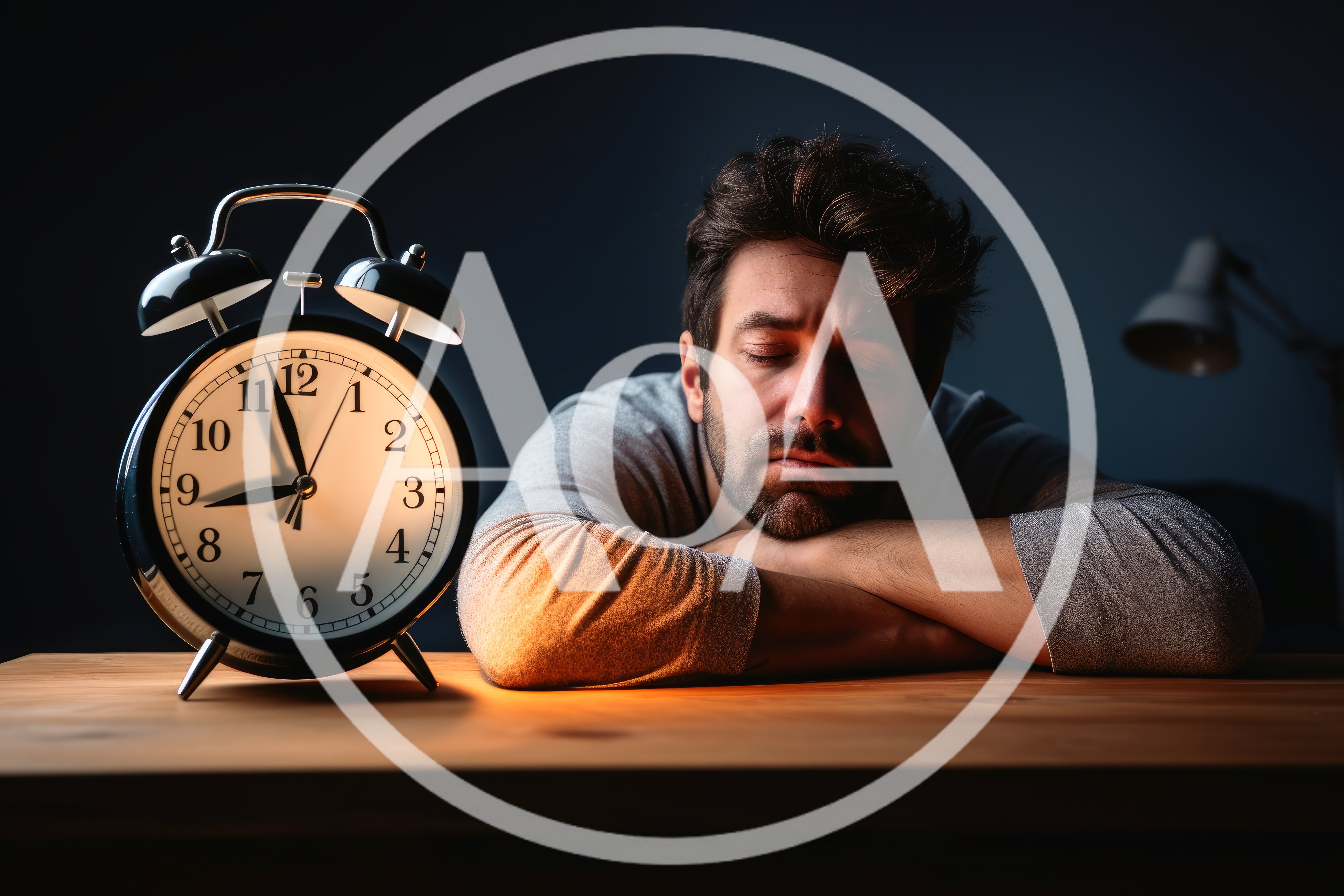 Exhausted Man Sleeping At Desk With Alarm Clock