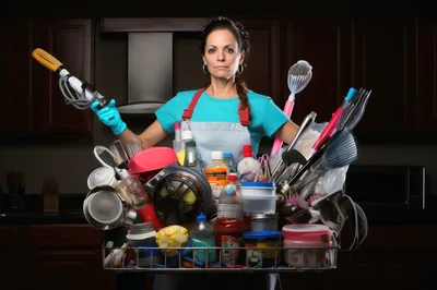 Woman Holding A Dishwasher Rack Full Of Kitchenware