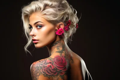 Portrait Of A Blonde Woman With Floral Tattoos