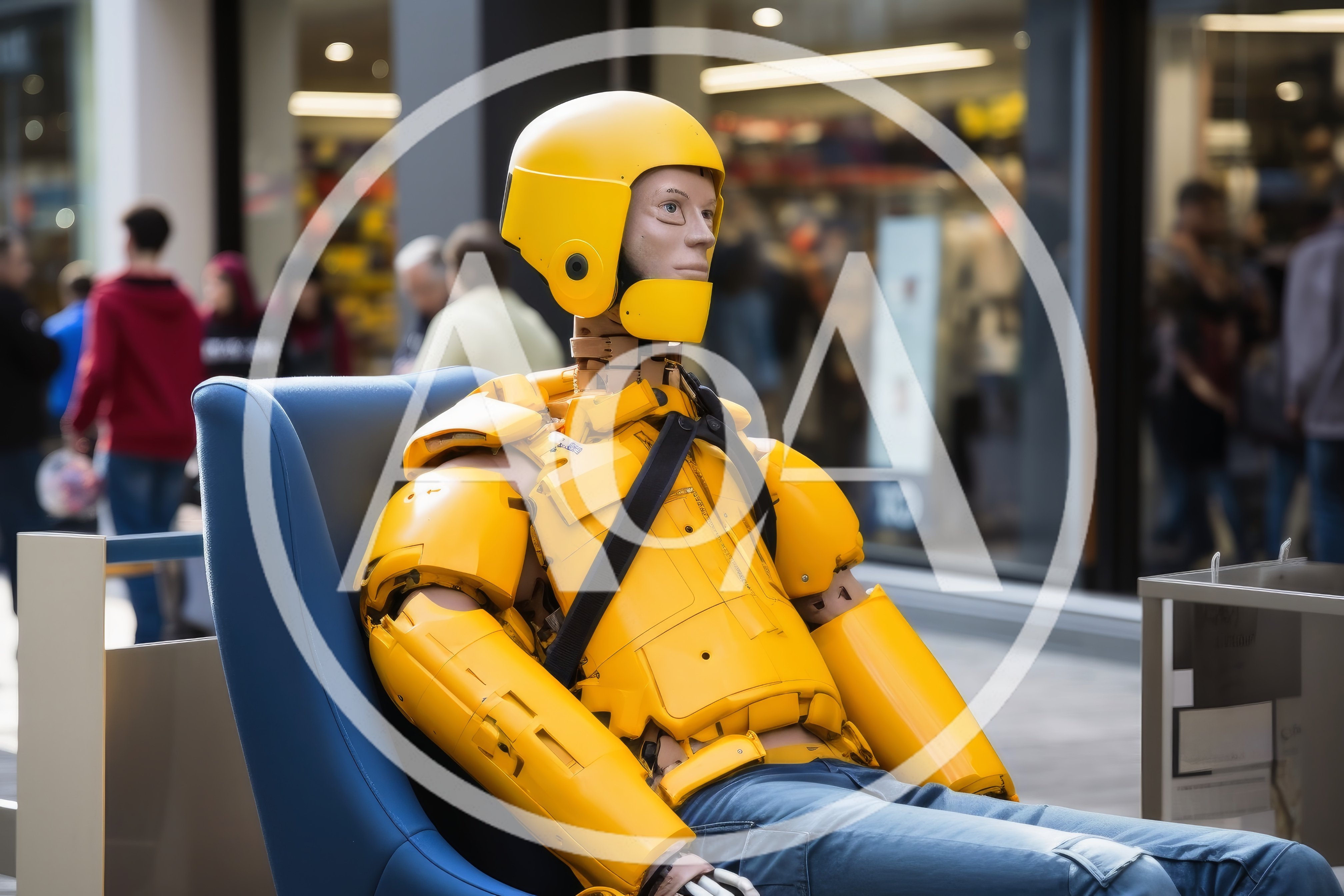 Crash Test Dummy Sitting In A Shopping Mall